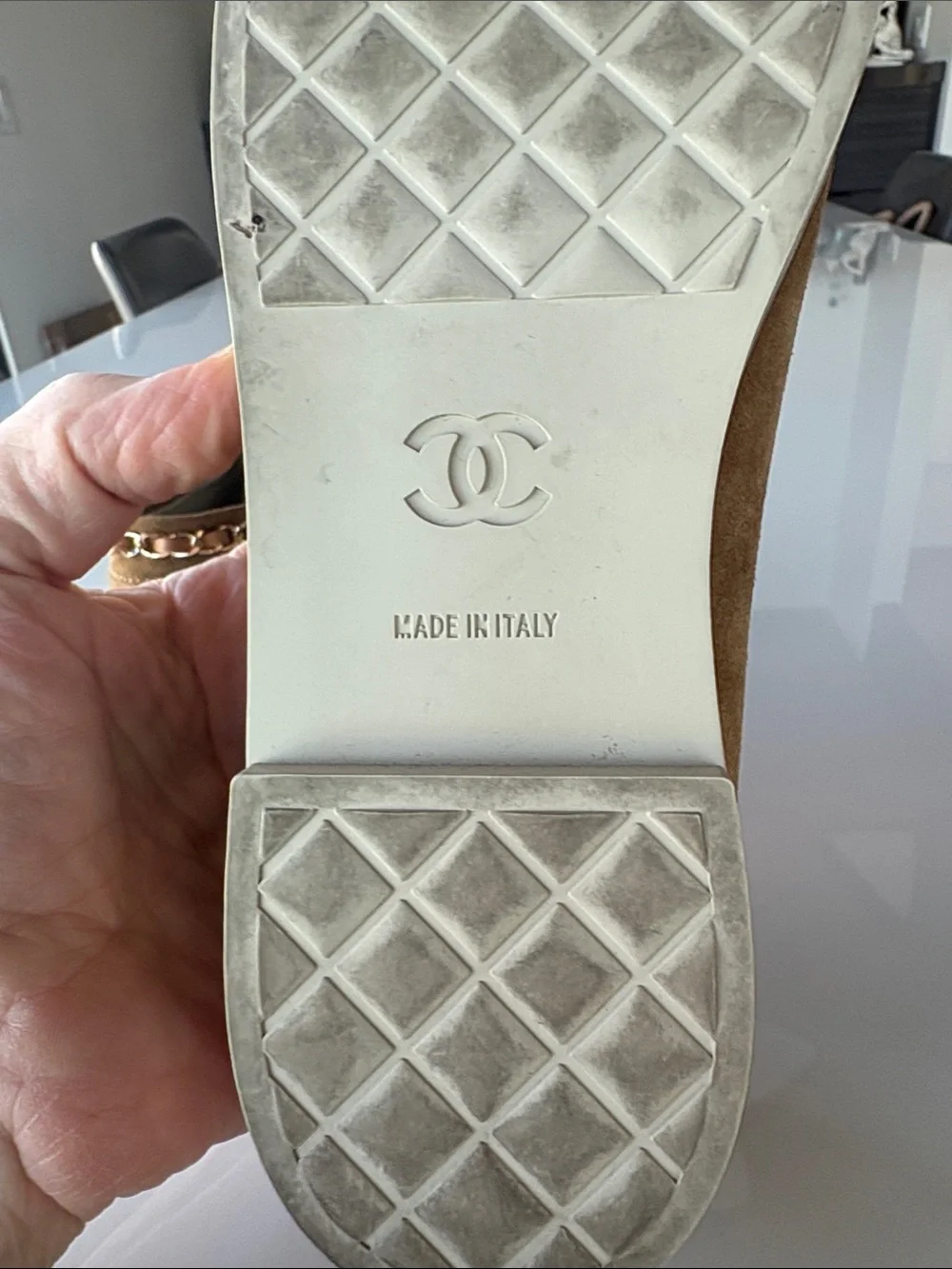 CHANEL Brown Suede & White Toe Cap Lace-Up Shoes with Chain Trim